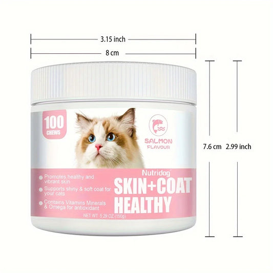 Nutridog Omega Skin And Coat Soft Chew -Omega 3 Fish Oil Skin And Coat Supplement - Shedding, Support Healthy Shiny Hair-Salmon Flavor-120 Chews-For Cats- Lysine Health Chews