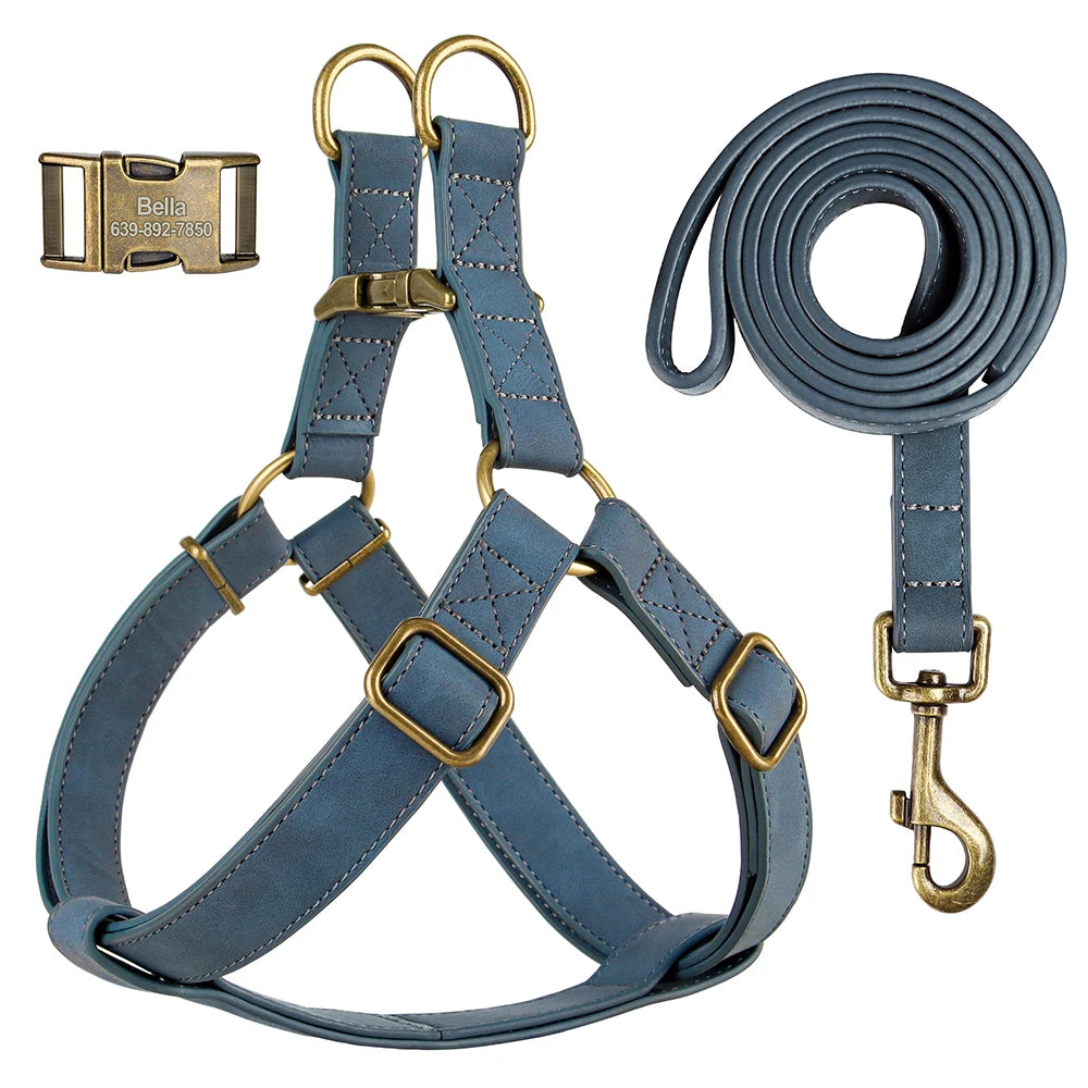 Free Personalized Dog Harness Leash Set PU Leather Dogs Harness Engraved ID Buckle Necklace for Small Medium Large Dogs Pitbull