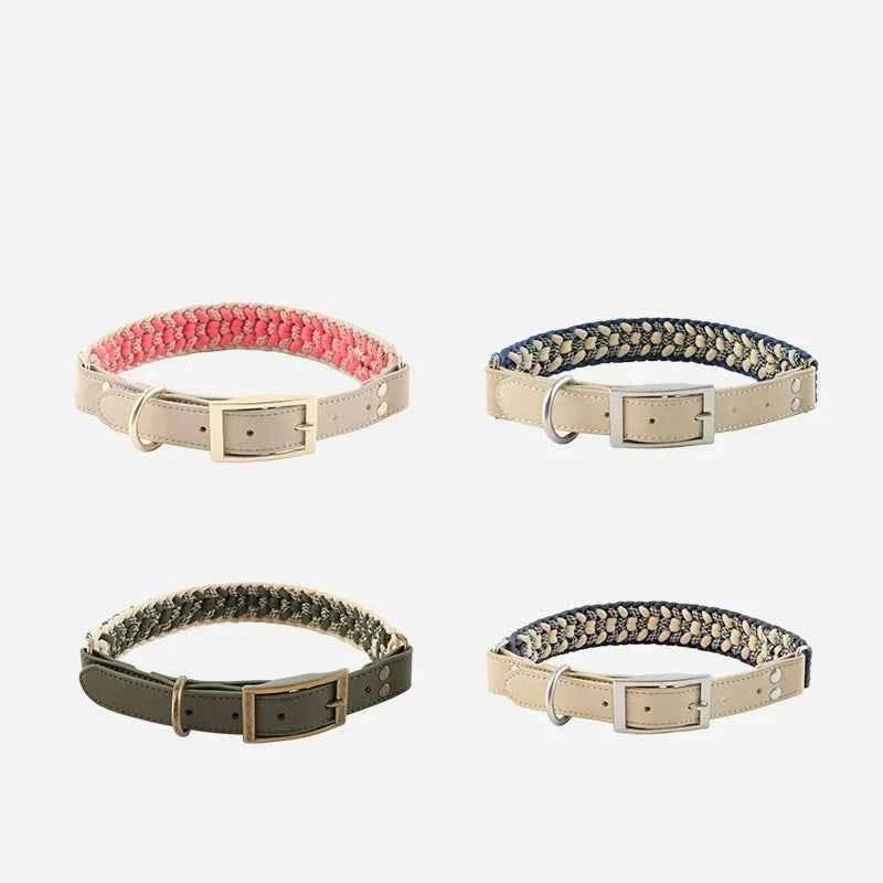 Hand-Knitted Leather Pet Collar Leash Set Multi-Colored Stripe Dog Collar Soft Adjustable Braided Dog Collar with Metal Buckle
