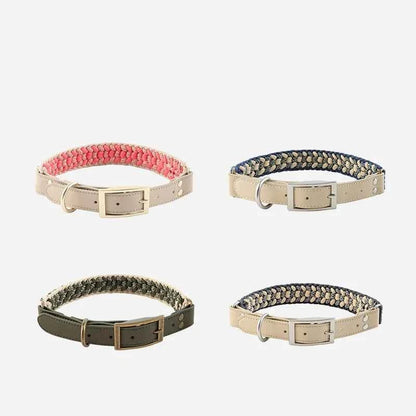 Hand-Knitted Leather Pet Collar Leash Set Multi-Colored Stripe Dog Collar Soft Adjustable Braided Dog Collar with Metal Buckle