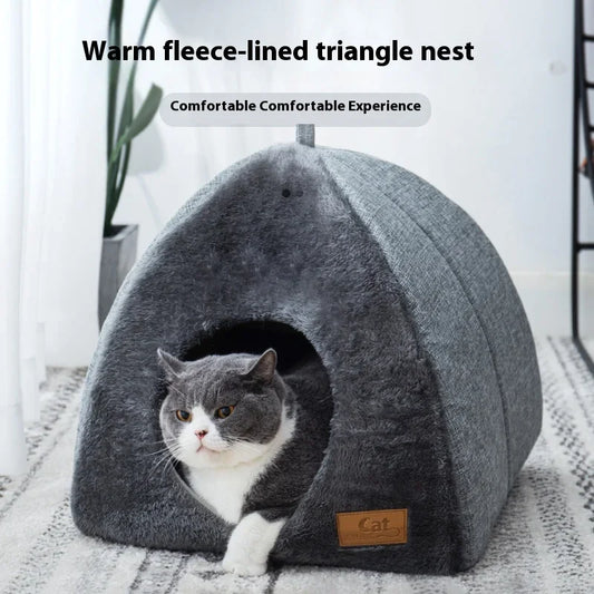 Triangle Closed Cat Nest House – Warm Thickened Deep Sleep Cat Tent Bed (S, M, L) - Bdba PK