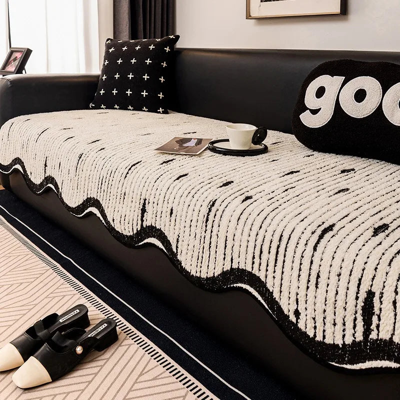 Nordic Striped Plush Sofa Cover Irregular Non-slip Corner Sofa Seat Cover Winter Warm Sofa Protector Towel for Living Room Decor