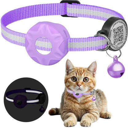 GPS Cat Collar with AirTag Holder, QR ID Tag & Bell – Reflective Anti-Lost Tracker Collar (Pink, Purple, Blue) - Bdba PK