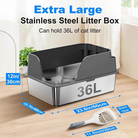 Stainless Steel Cat Litter Box, Extra Large Splash-proof & Leak-proof Litter Box Suitable for Large Cats