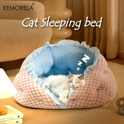 KEMORELA Cozy Semi-Closed Lace Pet Nest with Thickened Warmth, Winter Design Machine Washable, for Small Dogs & Cats,Cat Shelter