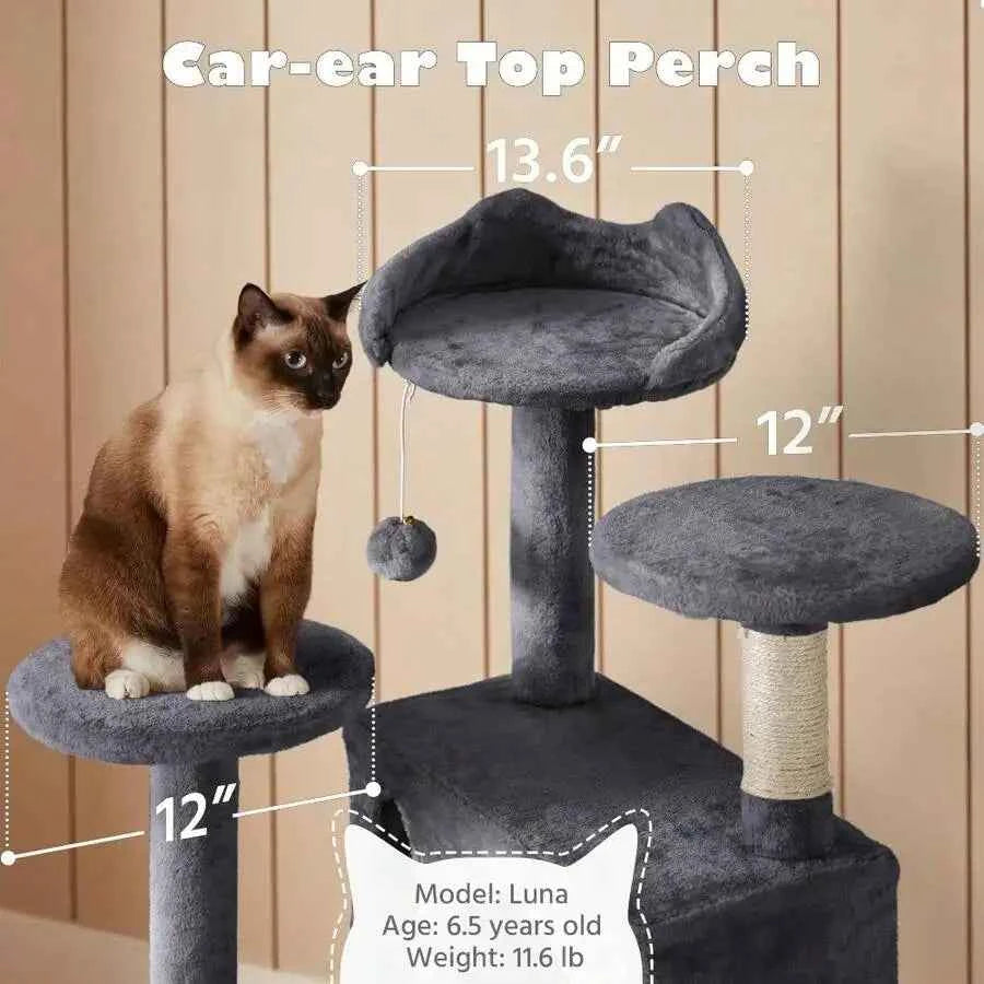 54 Inch Multi-Level Cat Tree With 2 Cozy Caves, Scratching Posts, Climbing Ramp, And Plush Balls, Dark Gray