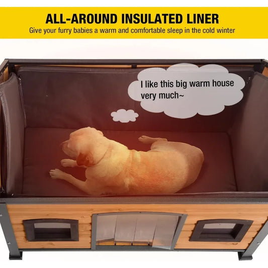 Insulated Wooden Dog Kennel with Anti-Chew Metal Frame – Weatherproof Outdoor Dog House (33.5"H) - Bdba PK