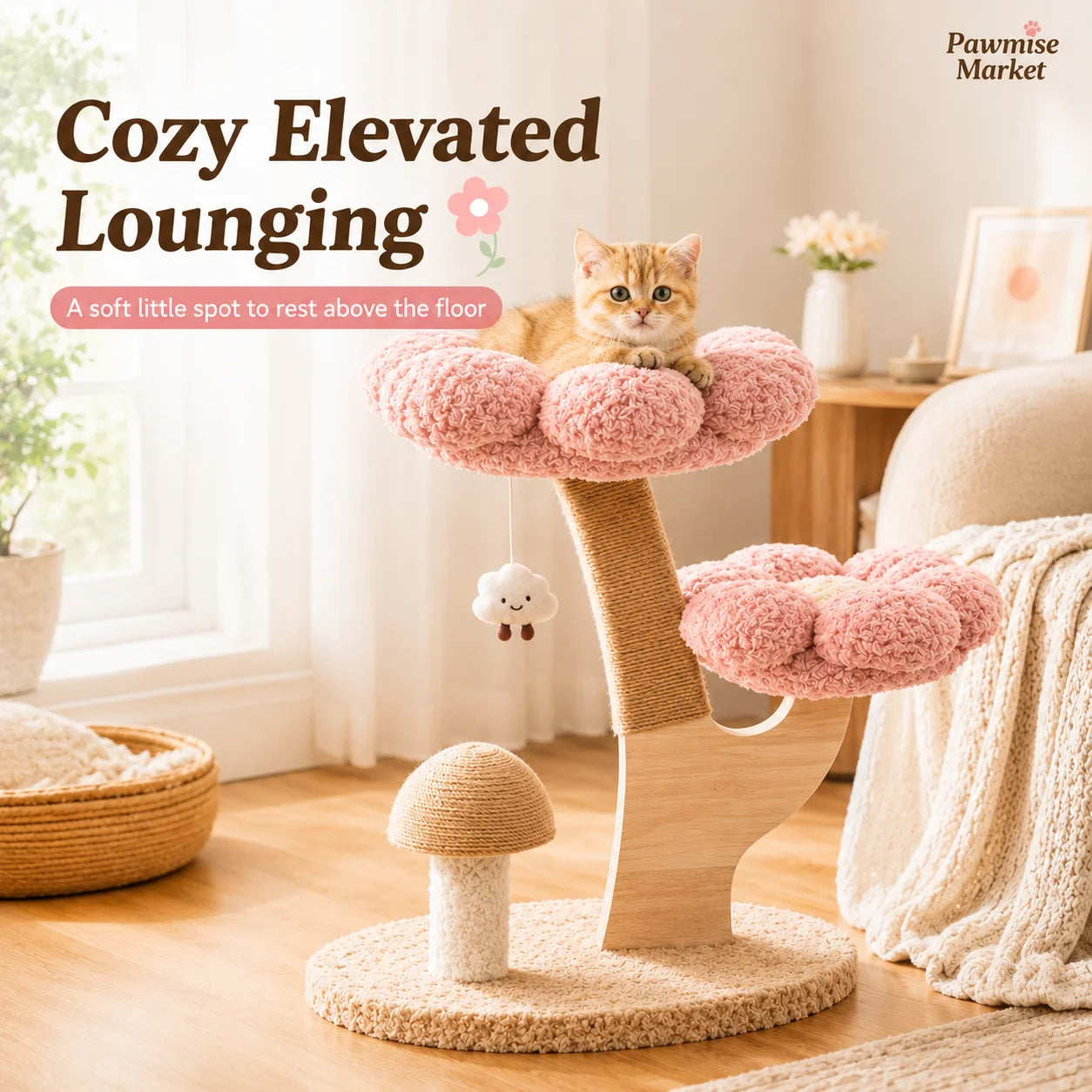 28.35-Inch Flower Cat Tree for Indoor Cats, 2-Tier Pink Plush Cat Tower with Sisal Scratching Post, Mushroom Scratcher and Hanging Cloud Toy, Compact Activity Center for Kittens and Small Cats