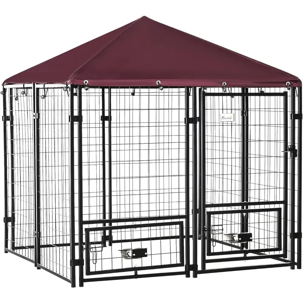 Outdoor Dog Kennel, 4.6x4.6x5 Feet, Rotating Bowls, Waterproof & UV-Resistant Cover, Suitable for S&M Breeds, Poultry