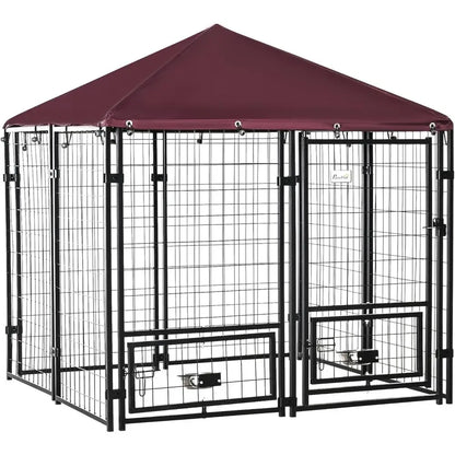 Outdoor Dog Kennel, 4.6x4.6x5 Feet, Rotating Bowls, Waterproof & UV-Resistant Cover, Suitable for S&M Breeds, Poultry