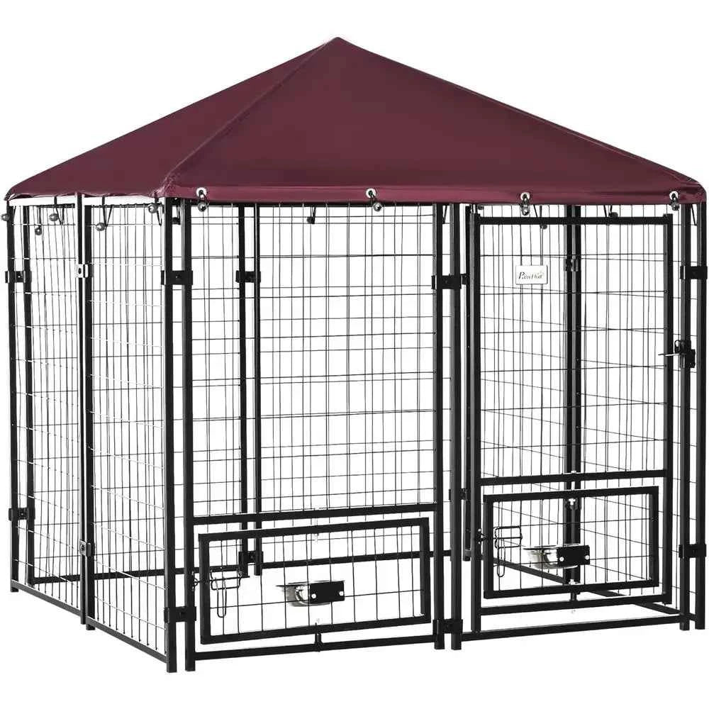 Outdoor Dog Kennel, 4.6x4.6x5 Feet, Rotating Bowls, Waterproof & UV-Resistant Cover, Suitable for S&M Breeds, Poultry