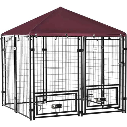 Outdoor Dog Kennel, 4.6x4.6x5 Feet, Rotating Bowls, Waterproof & UV-Resistant Cover, Suitable for S&M Breeds, Poultry