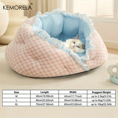 KEMORELA Cozy Semi-Closed Lace Pet Nest with Thickened Warmth, Winter Design Machine Washable, for Small Dogs & Cats,Cat Shelter