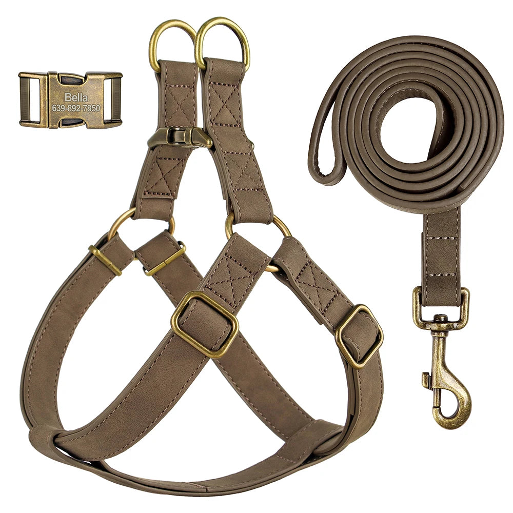 Free Personalized Dog Harness Leash Set PU Leather Dogs Harness Engraved ID Buckle Necklace for Small Medium Large Dogs Pitbull
