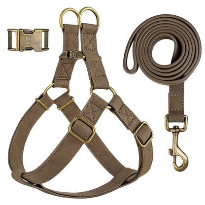 Free Personalized Dog Harness Leash Set PU Leather Dogs Harness Engraved ID Buckle Necklace for Small Medium Large Dogs Pitbull