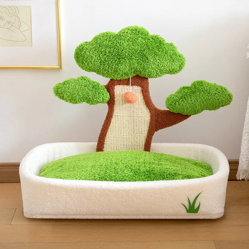2-in-1 Cat Bed & Scratch Board Combo, Pine Tree Design Pet Furniture with Removable Washable Cushion, All-Season Warm Nest