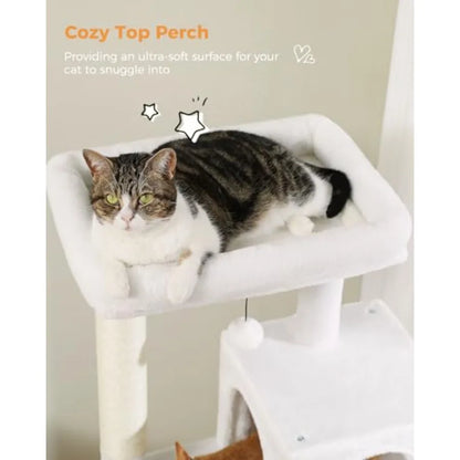 56.3" Cactus Cat Tree with Metal Hammock, 6 Tiers, 6-tier shelves, Metal plush hammock, 2-door condo house, Sisal posts, Large