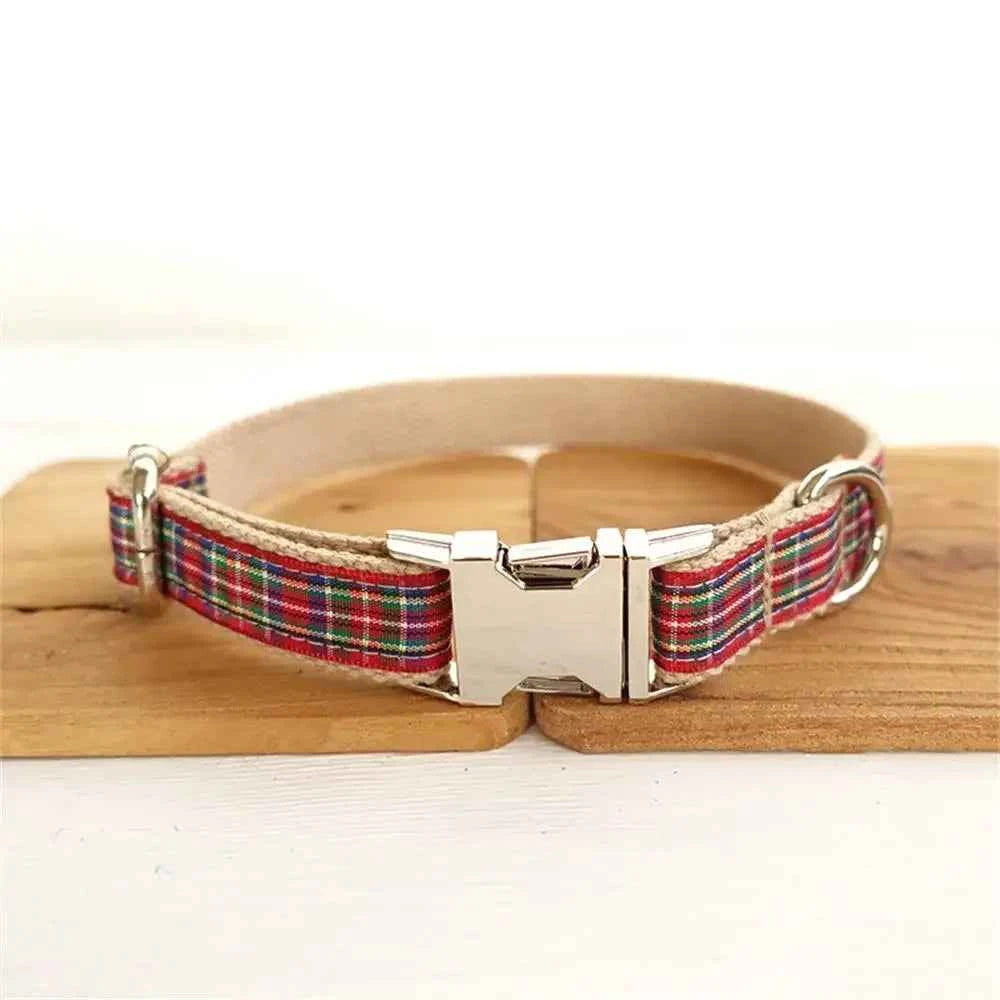 Free Engraving Personalized Dog Collar Matching Leashes Customzied Contacts Adjustable Red Plaid Pet Collar