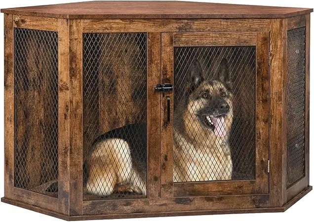 52" Corner Dog Crate Furniture – Wooden Kennel with Mesh Door & Corner Table Top - Bdba PK