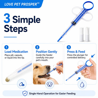 LOVE PET PROSPER Pet Pill Feeder for Dogs & Cats, Reusable Pet Medicine Syringe with 2 Soft Silicone Tips, Easy Pill Dispenser for Tablets, Capsules & Liquids, Mess-Free Oral Medication Feeding Tool