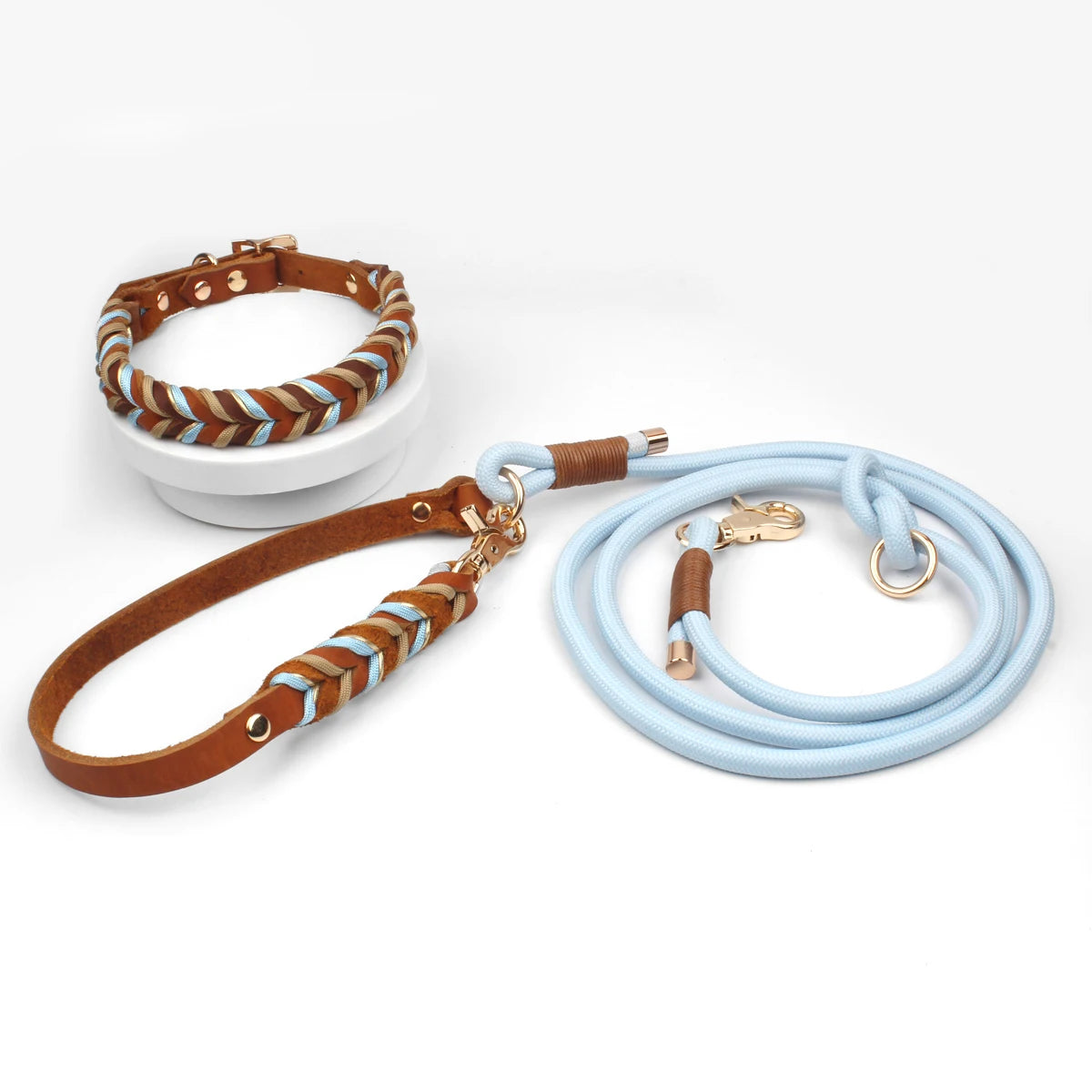 Brown Leather Dog Collar And Leashes Suit Woven Patterns Beautiful Durable Nylon Orange Colors Rope Hand Free Design 2026 New