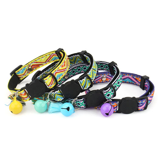 Adjustable Cat Collar Polyester Jacquard Pattern Pet Collar with Bell and Tassel Decoration for Cats and Small Dogs To Keep Lost - Bdba PK