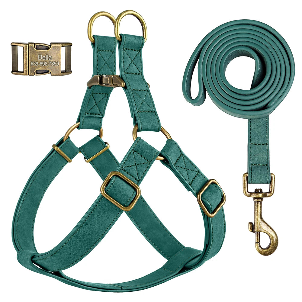 Free Personalized Dog Harness Leash Set PU Leather Dogs Harness Engraved ID Buckle Necklace for Small Medium Large Dogs Pitbull