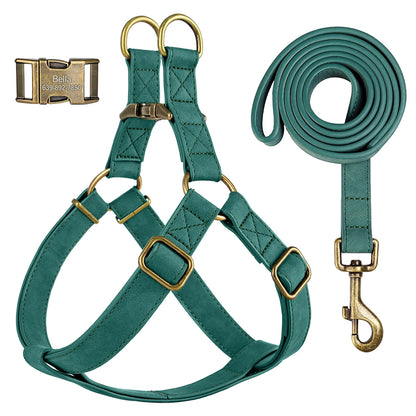 Free Personalized Dog Harness Leash Set PU Leather Dogs Harness Engraved ID Buckle Necklace for Small Medium Large Dogs Pitbull