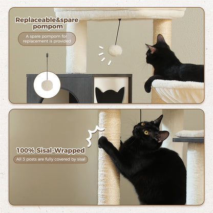 Wood Cat Tree with Storage Cabinet Sisal Scratching Posts Cozy Condo Hammock Dangling Balls Large Cat Tower for Indoor Pet Furniture Cat Toys