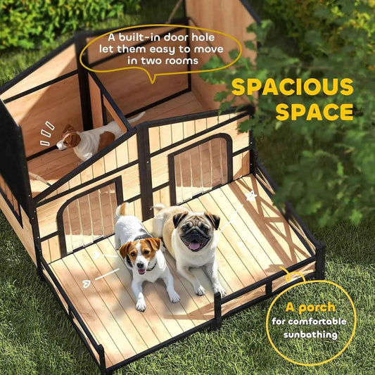 Dog House Outdoor, Wooden Dog Kennel Weatherproof with Porch, Openable Roof, Removable Bottom, Elevated Floor, Double Roo