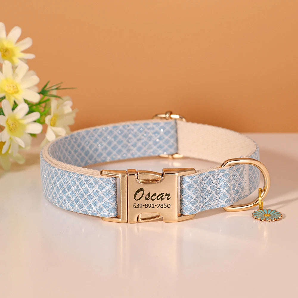 Bling Nylon Custom Dog Collar Cute Flower Tag Dog Collars Engraving Pet Name ID Buckle Necklace For Small Large Dogs Chihuahua