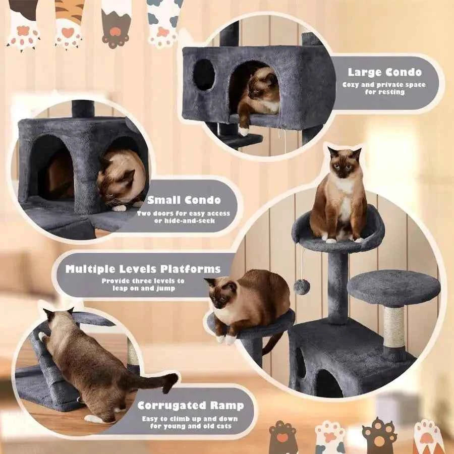 54 Inch Multi-Level Cat Tree With 2 Cozy Caves, Scratching Posts, Climbing Ramp, And Plush Balls, Dark Gray