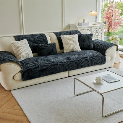 Tuffed Fleece Jacquard Sofa Cover, Winter Thickened Slipcover Soft and Comfortable Modern Fleece Non-Slip Sofa Towel