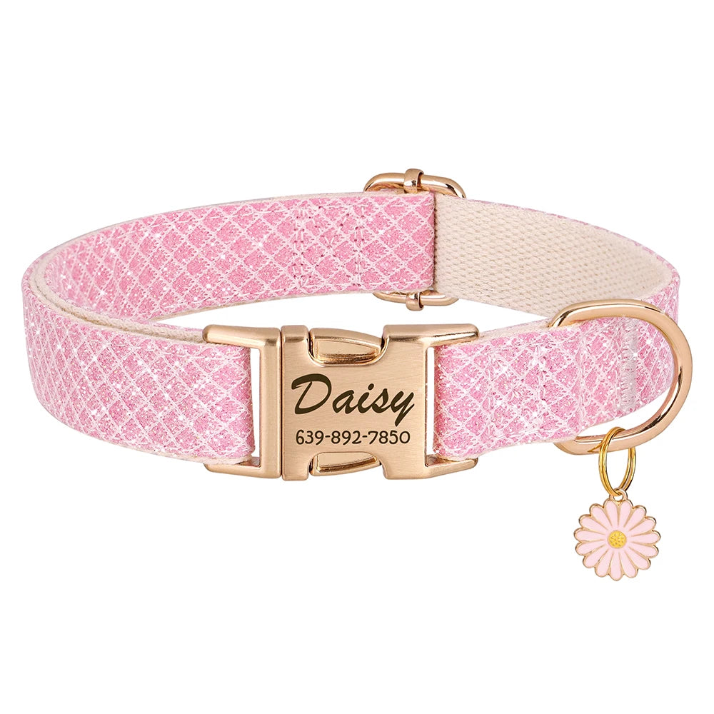 Bling Nylon Custom Dog Collar Cute Flower Tag Dog Collars Engraving Pet Name ID Buckle Necklace For Small Large Dogs Chihuahua