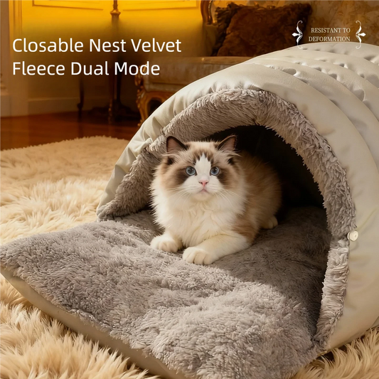 Winter warming semi-enclosed safety pet bed, thickened small dog bed, large space leather cat sleeping bag