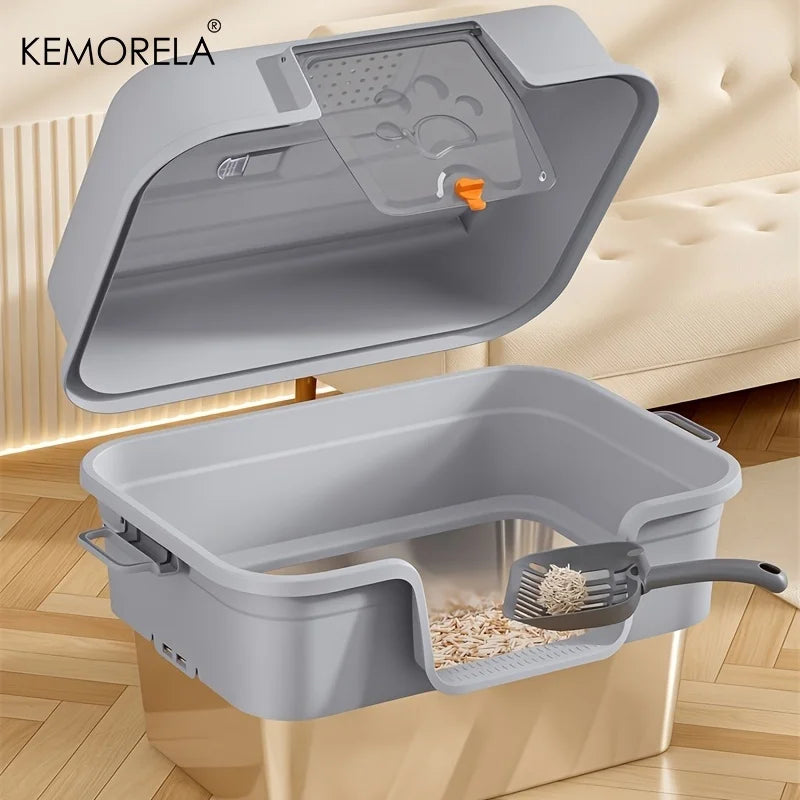 XL Enclosed Cat Litter Box with Stainless Steel Base, Odor Control & Anti-Splash, Easy Clean Removable Top for Large Breed Cats