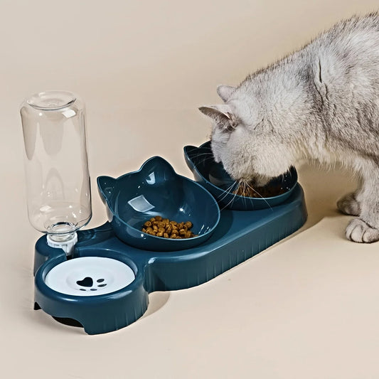 Pet Bowls With Water Feeder, 3 In 1 Ear Design Tilted Cat Water And Food Bowl Set With Gravity Water Bottle For Neck Protection - Bdba PK