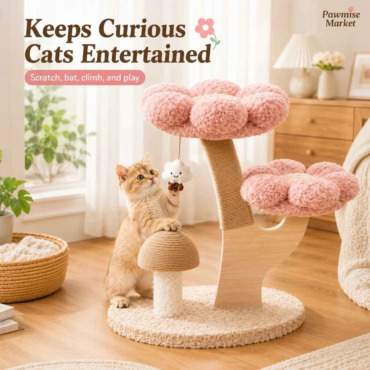 28.35-Inch Flower Cat Tree for Indoor Cats, 2-Tier Pink Plush Cat Tower with Sisal Scratching Post, Mushroom Scratcher and Hanging Cloud Toy, Compact Activity Center for Kittens and Small Cats