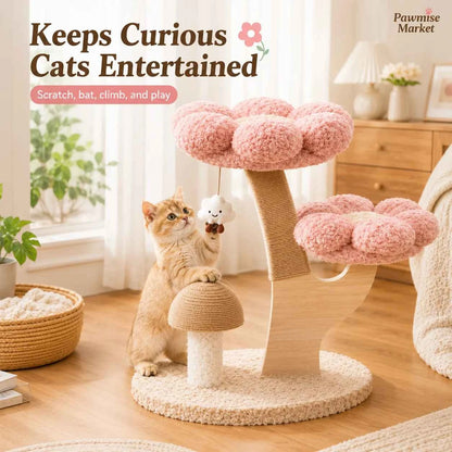 28.35-Inch Flower Cat Tree for Indoor Cats, 2-Tier Pink Plush Cat Tower with Sisal Scratching Post, Mushroom Scratcher and Hanging Cloud Toy, Compact Activity Center for Kittens and Small Cats