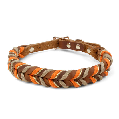 Brown Leather Dog Collar And Leashes Suit Woven Patterns Beautiful Durable Nylon Orange Colors Rope Hand Free Design 2026 New