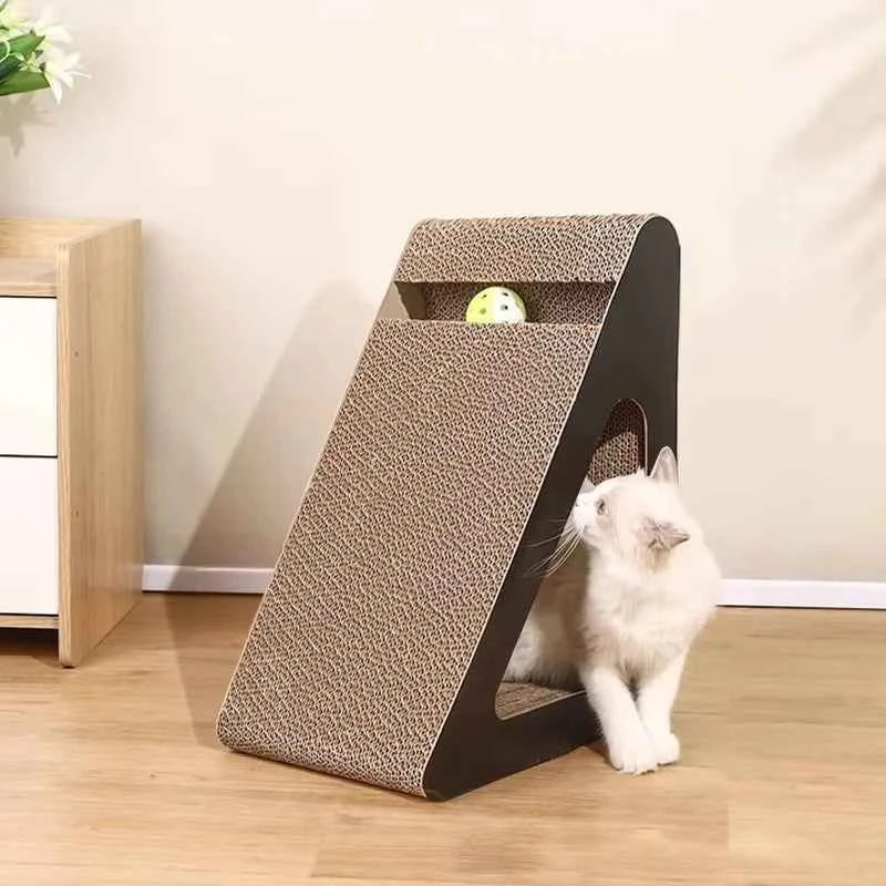 Pet Stress-Relief Triangle Cat Scratcher Made of Sturdy Cardboard with Interactive Spinning Balls
