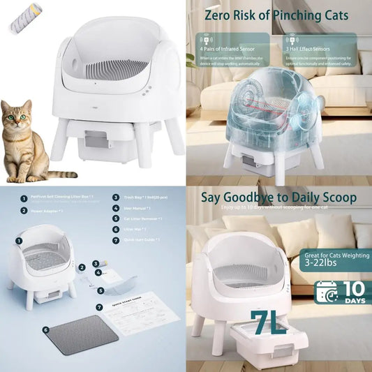 Automatic Top-Opening Multi-Cat Litter Box – Safety Features, Mat & Liner Included (Eggshell White) - Bdba PK