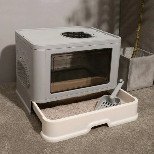 Enclosed Foldable Cat Litter Box – Dual Entry with Massager & Litter Scoop - Bdba PK
