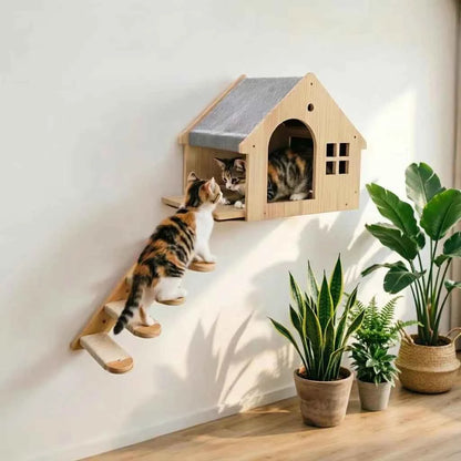 1pc Wall Mounted Cat Condo Villa Wooden Cats Climbing Floating Shelf Kitten House Wall Furniture for Sleeping and Resting