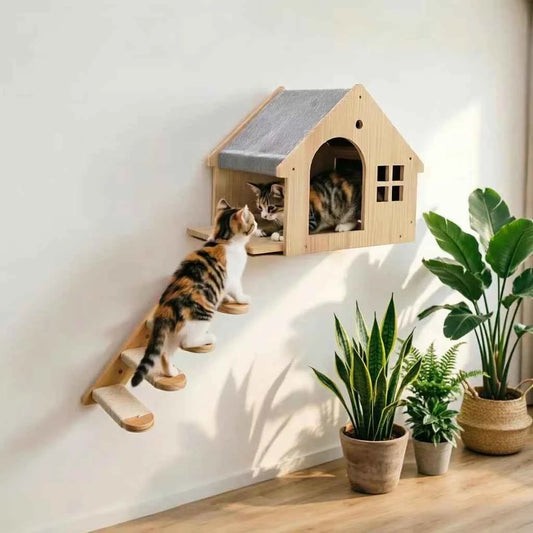 1pc Wall Mounted Cat Condo Villa Wooden Cats Climbing Floating Shelf Kitten House Wall Furniture for Sleeping and Resting