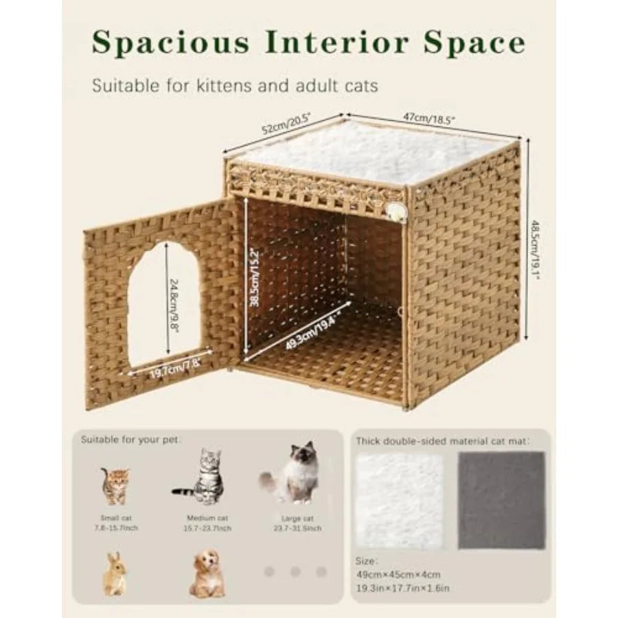 Indoor cat bed: handwoven rattan pet cube with double-sided soft cushions beige extra-large foldable hideaway for living room u