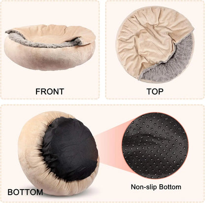 23" Donut Pet Bed with Hooded Blanket, Anti-Anxiety Burrow Cave, Cozy Machine Washable, for Small Dogs & Cats up to 20lbs