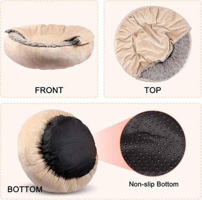 23" Donut Pet Bed with Hooded Blanket, Anti-Anxiety Burrow Cave, Cozy Machine Washable, for Small Dogs & Cats up to 20lbs