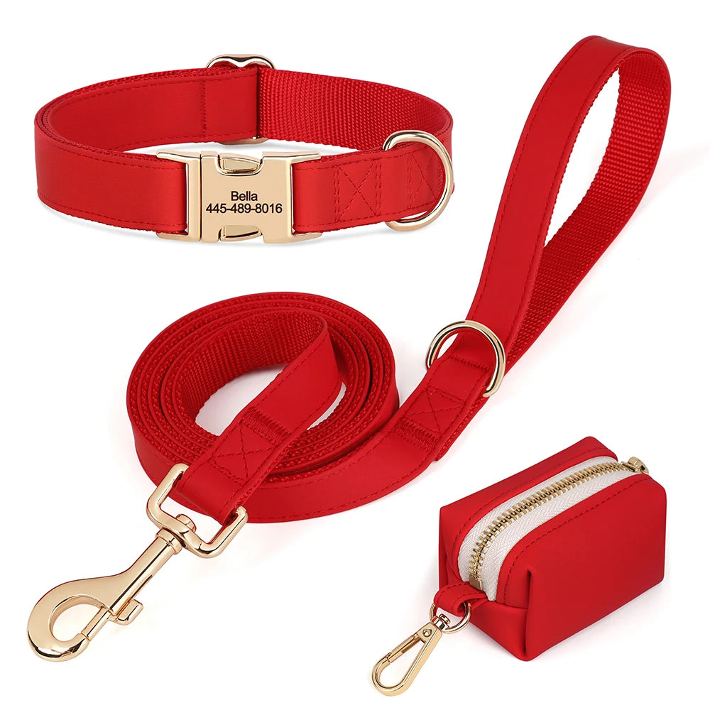 Personalized Dog Collar Leash Bag Set Custom PU Leather Dog Collars Colorful Pet Necklace With Leashes Poop Bag for Dogs Pug