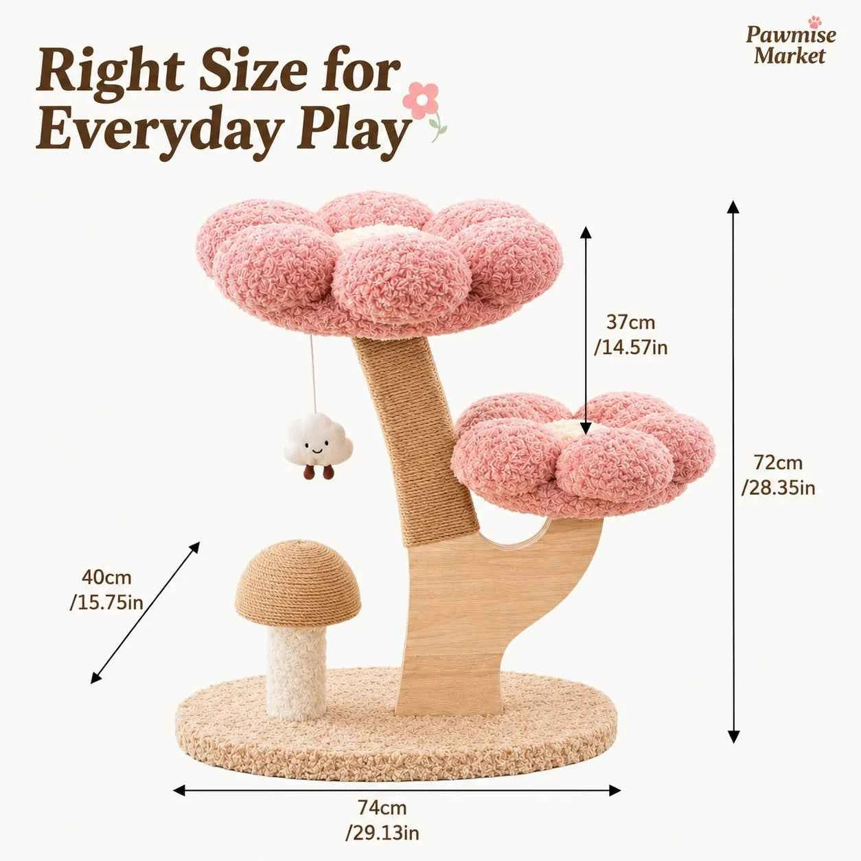 28.35-Inch Flower Cat Tree for Indoor Cats, 2-Tier Pink Plush Cat Tower with Sisal Scratching Post, Mushroom Scratcher and Hanging Cloud Toy, Compact Activity Center for Kittens and Small Cats
